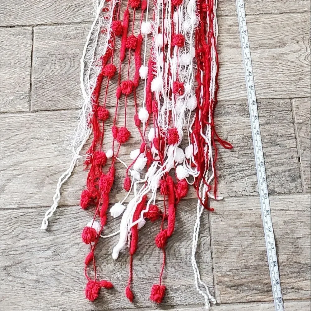 Hand Crafted Scarves or Boho Wall Hanging Decor Red White and Silver set of 4
